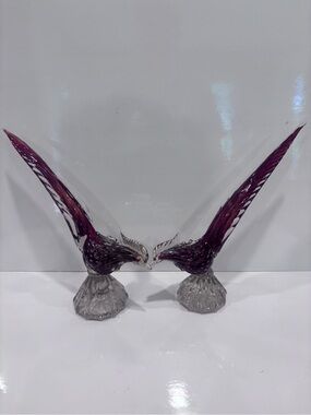Vintage MURANO Glass Midcentury Pheasants Birds Figurines (2) Red &Gold 10.5”